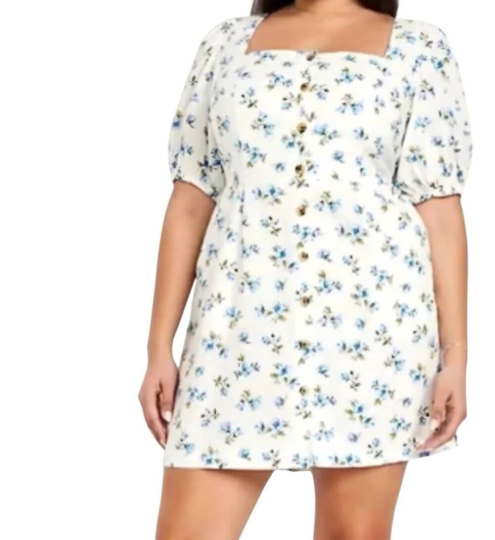 Old Navy Dress Women's XL White Blue Floral Puff Sleeve Mini Milkmaid Femme